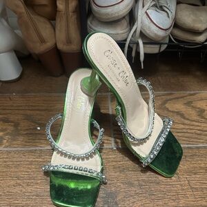 Green, rhinestone heels! Size 7